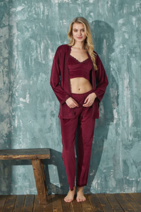 Kadın Kadife Sabahlıklı Altı Uzun 3'lü Pijama Takım | Arcan 13401-1